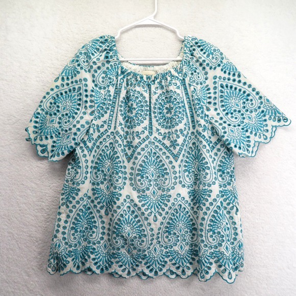 Chico's Tops - Chicos Shirt Womens Large Teal Embroidered Eyelet Boho Peasant Short Sleeve‎